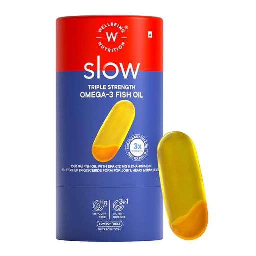 [BRSW2BIPOIBWYDIZ] Wellbeing Nutrition Slow 3x Strength Omega 3 Fish Oil Capsules | 1500mg with EPA 612mg, DHA 408mg & Curcumin for Men & Women | No Fishy Burp | For Brain, Heart, & Joint Health, 60 Softgels