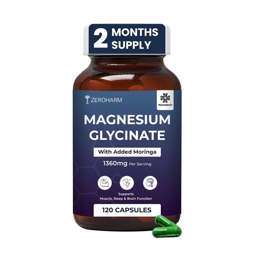 [BRSRAGDRBF5AEFY2] ZEROHARM Magnesium Glycinate Supplement | Plant-based Nano Magnesium Supplement with Moringa | Supports Muscle, Sleep & Brain Function | High Strength 1360mg (132mg Elemental) | 120 Veg Capsules