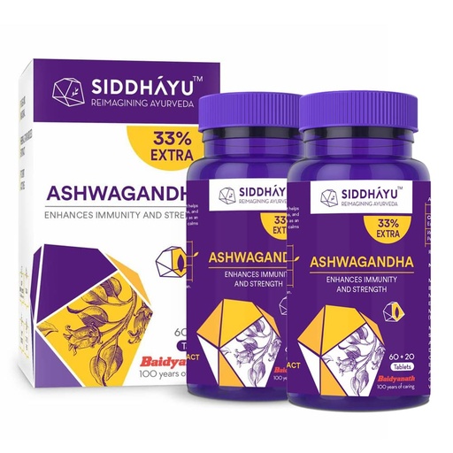 [BRSW2AT4AAHB62A7] Siddhayu by Baidyanath Ashwagandha Tablets 60+20 (Pack of 2) | Immunity Booster, Strength & Stress Support | Ayurvedic Supplement | 100% Pure Ashwagandha Root Extract | Natural Immunomodulator