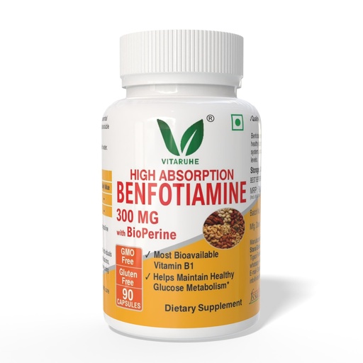 [BRSROZIZBUNBM3L3] VITARUHE® Benfotiamine 300 Mg With Bioperine, Helps Maintain Blood Sugar Levels Supplement, 90 Capsules