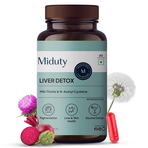 [BRSW2ZQTDEHRYCA3] Miduty Liver Detox Supplement Milk Thistle with N-Acetyl Cysteine 900 mg | Natural Body Detox & Digestive Enzymes - Fatty Liver Care | Natural Detoxification Formula - 60 Veg Capsules