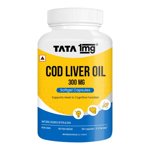 [BRSRMADYPMFRS2DV] TATA 1MG Cod Liver Oil Supplement with Omega 3,Vitamin A and D - 100 Capsules | Supports Heart, Brain, Joint and Vision Health | Fish Oil for Women & Men | No Fish Odour & Non-GMO