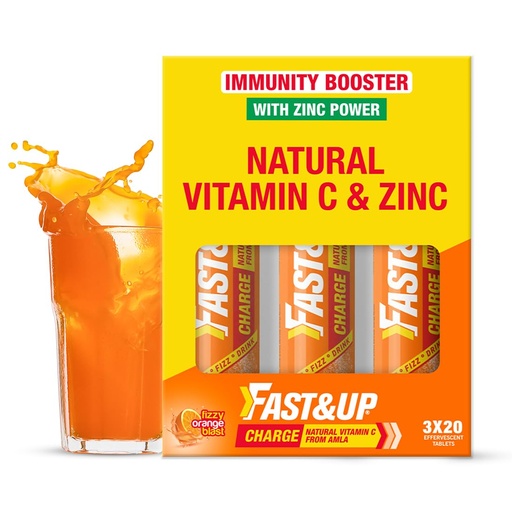 [BRSWGA33CQGQAA3L] Fast&Up Charge Natural Vitamin C - 60 Effervescent Tablets, Amla Extract + Zinc for Daily Immunity | Helps to boost & Strengthens Collagen for Healthy Skin, Hair & Nails- Orange Flavour