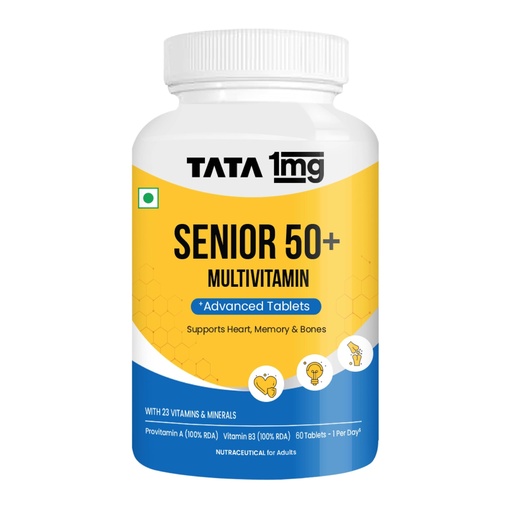 [BRSRMCA2C4ORYDYU] Tata 1mg Senior 50+ Multivitamin & Multimineral Veg Tablet with Calcium for Bone, Skin, Eye, Immunity, Heart & Joints, For Men & Women, Non-GMO & No Added Preservatives (Pack Of 60)