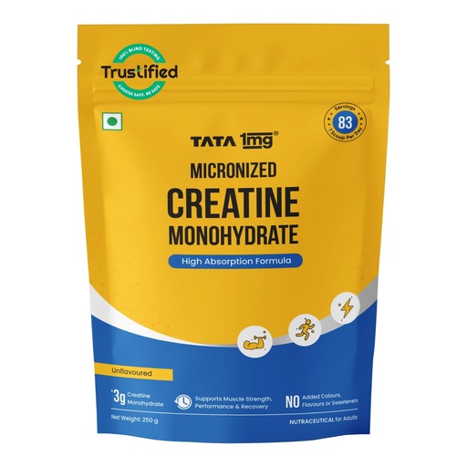[BRSREYINAQAWKHYV] TATA 1MG Creatine Monohydrate| Each Batch tested DCT& DHT Safe | Zero Calories | Boosts Strength, Power & Recovery | Fast Absorption | Unflavoured,250gm