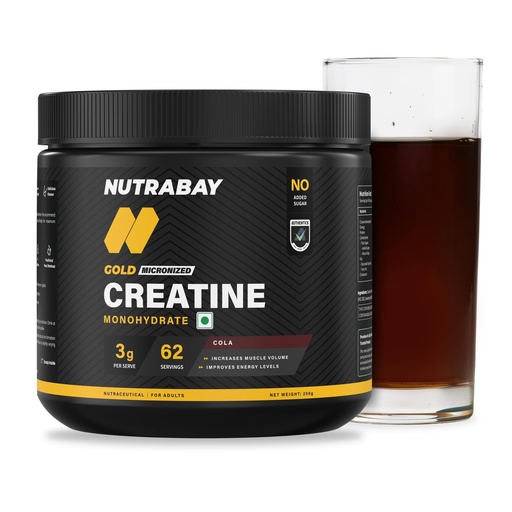 [BRSROZTQCQIRMCLP] Nutrabay Gold Micronised Creatine Monohydrate Powder 3000mg Creatine per Serving, NABL Lab Tested – Increases Muscle Mass, Strength & Power – Pre/Post Workout Supplement – 250g, Cola