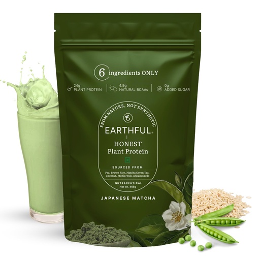 [BRSRAAQ6BANBGALK] Earthful Honest Plant Protein | 24g Protein/Serving & 4.9g BCCAs | For Weight Management, Energy, Muscle Support & Recovery | Made with Pea & Brown Rice | Japanese Matcha - 468g