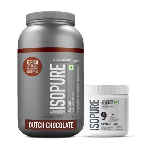 [BRSREZYZCQFW2YDZ] Isopure Whey Protein Isolate Powder 2.2 lbs, 1 kg (Dutch Choc), Lactose-Free, Gluten-Free and 100% Creatine Monohydrate Micronized, 250g- 83 servings
