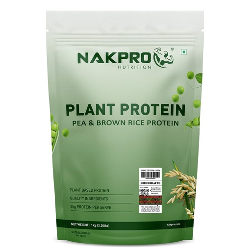 [BRSRMHQBAV6RYD3K] NAKPRO NUTRITION Plant Protein (Pea & Brown Rice Protein) | 1kg - Chocolate | 25.2g Protein | Trustified Certified | All Essential Amino Acids