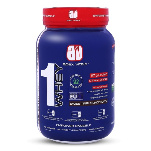 [BRSRAEAOPJ5R4GQZ] 1 Whey Protein Powder | Whey Protein Concentrate Blend | Grass-Fed Whey | 27g Protein/Scoop | 10g EAA+5G BCAA | Digestive Enzymes | FDA & FSSAI Certified | Swiss Triple Chocolate | 2lbs