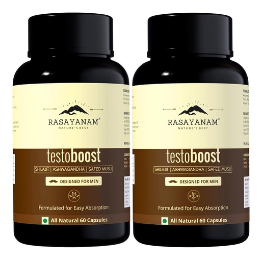 [BRSRGEITAQMQ4YL2] Rasayanam Testoboost (500mg) | 3-in-1 T-Level Supplement for Men with Shilajit, Ashwagandha & Safed Musli | Supports Muscle Growth, Energy, Strength, Stamina & Performance - 60 Capsules each (Pack of 2)