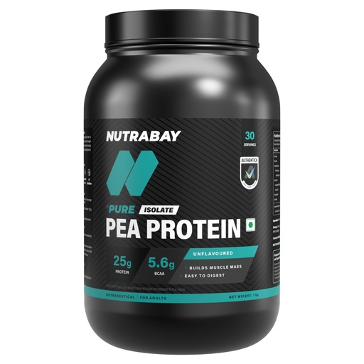 [BRSW2EANOJ6QAF3H] Nutrabay Pure Pea Protein Isolate - 25.3g Protein, 5g BCAA, Designed for Meal Supplementation, Easy to Digest Plant Protein for Muscle Growth & Recovery - 1 Kg Unflavoured, 30 Servings