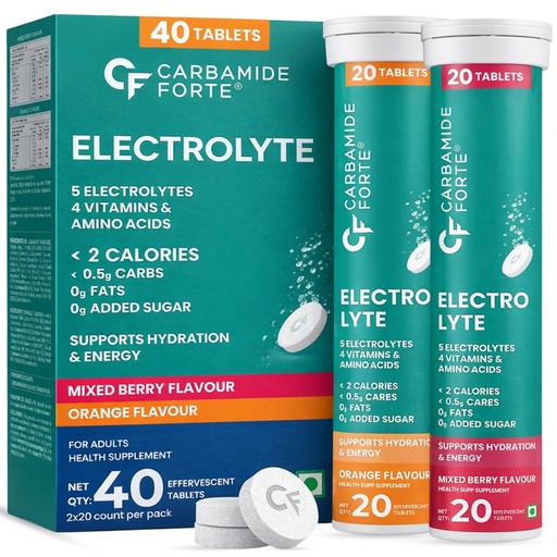 [BRSRECQRBACQYYDO] Carbamide Forte Electrolyte Supplement with Zero Added Sugar | Electrolytes Hydration Tablets for Sustained Energy with 5 Essential Electrolytes No sugar + 4 Vitamins & Amino Acids | Pack of 20 Effervescent Tablets x 2