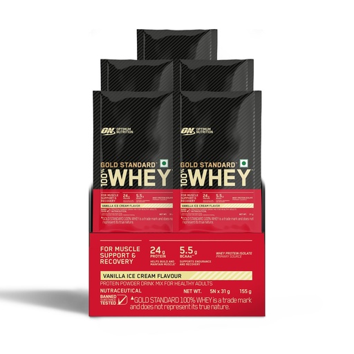 [BRSREAAECQPGCHQ2] Optimum Nutrition (ON) Gold Standard 100% Whey Protein - 5 X 31 g (Vanilla Ice Cream) Single Serve Sachets, for Muscle Support & Recovery, Vegetarian - Primary Source Whey Isolate
