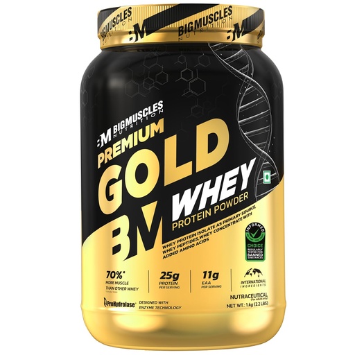 [BRSRMGTRCEPRQA3H] Bigmuscles Nutrition Premium Gold Whey [1Kilogram, Double Rich Chocolate] |Informed Choice UK Certified | Isolate Whey Protein Blend | 25G Protein | 11G EAA | Prohydrolase Enzyme Technology, 37 Grams