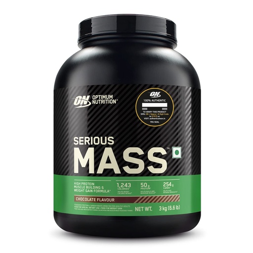 [BRSW2A32BMHRQCLU] OPTIMUM NUTRITION (ON) Serious Mass High Protein High Calorie Weight Gainer Powder - 3 kg (Chocolate) with Vitamins and Minerals, Vegetarian