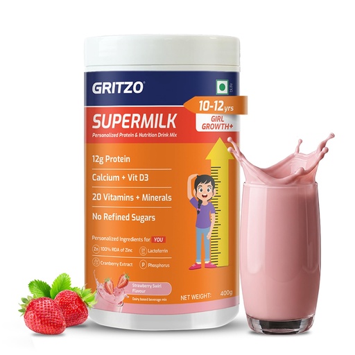 [BRSRGAYQAAAQ4CLP] Gritzo SuperMilk Growth+ (10-12y Girl), Strawberry Swirl, 400g