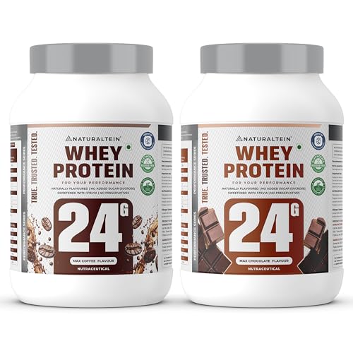 [BRSRGBQEB4BA4G3G] Naturaltein Whey Protein 1kg Chocolate + Whey Protein 1kg Coffee | 24g Protein, No Added Sugar, Stevia Sweetened, Muscle Growth & Recovery Protein Combo