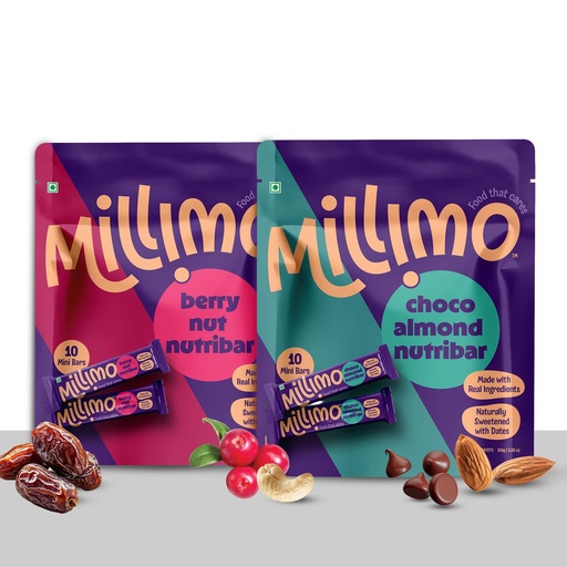 [BRSRGGQ2AEOQ4E3X] Millimo Healthy Nutribar Combo, Berry Nut x1 & Choco Almond x1, 300g, Pack of 2, No Refined Sugar, Dates Almonds Cashews Cranberries