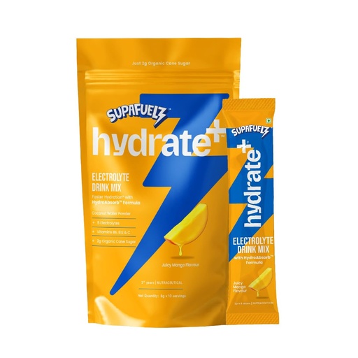 [BRSRYZIRAQHAG3DV] Hydrate+ Kids Electrolyte Powder | Coconut water 5 salts 3 vitamins | Mango (10 x 8g)