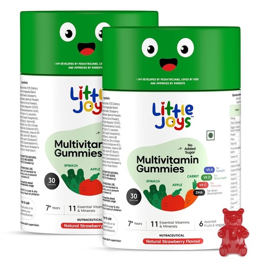 [BRSROZIOCJ6A2HL4] Little Joys Multivitamin Gummies (7-12 years) | 60 Days Pack | No Sugar Added | Strawberry Flavour | Supports Immunity, Bone Health & Digestion | pack of 2