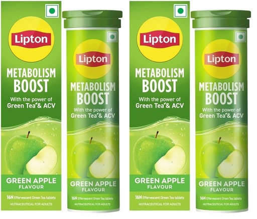[BRSRYZAPDJ6R6DIV] Lipton Metabolism Boost with 150mg Green Tea Catechins and 50mg ACV (Apple Cider Vinegar) | For Weight Loss & Fat Burn | Zero Calories | 16N Effervescent Tablets | Green Apple Flavour (Pack of 2)