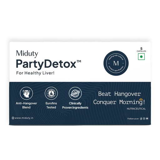 [BRSRECYYA56WYFL6] Miduty Party Detox to Party Smart & Anti - Hangover For Better Morning & Night | Supports Liver | Safe, Effective & Clinically Tested by International Lab - 5 Capsules