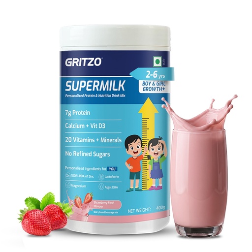 [BRSRGAYQAEFB6DLJ] Gritzo SuperMilk Growth+ (2-6y Kids), Strawberry Swirl, 400g