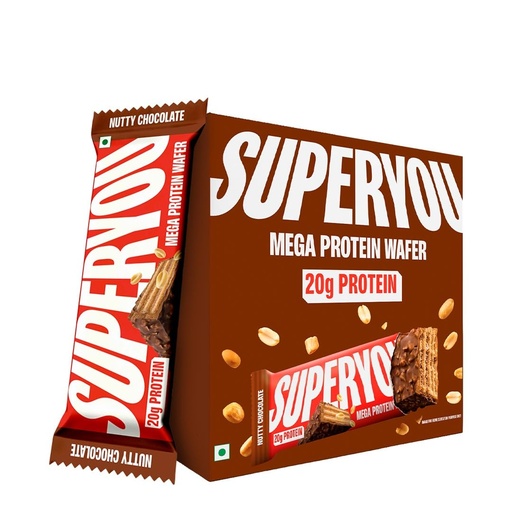 [BRSRGGAKO56AIDT4] Superyou Nutty Chocolate Mega Protein Wafer Bar (Pack of 6) 20G Protein, 4.8g Fibre, No Added Sugar | Yeast Fermented |Energy Bars|Crunchy Wafer Bar|100% Vegetarian|No Palm Oil | 360g