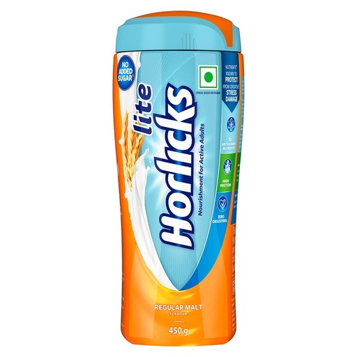[BRSWIZAYCINRQCAV] Horlicks Lite 450g, Energy for Active Adults | High Protein, No Added Sugar, 24 Vital Nutrients | Malt Flavour