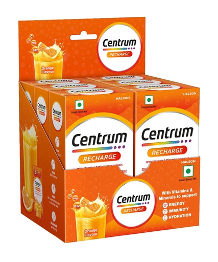 [BRSREFL6CQMGA2QZ] Centrum Recharge: Tasty Orange Flavoured Powder Drink Mix | No Added Sugar| Instant Energy & Hydration | 13 Vitamins & Minerals | Boosts Immunity | Vitamin B, C, Zinc, Magnesium | Pack of 36 sachets