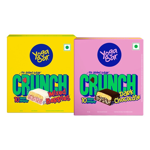 [BRSREC32OIFWOFIZ] Yogabar Crunch Bars Variety Pack | Dark Chocolate and Mixed Berry | 10g Protein Bars | No Added Sugar | Crunchy Whey Protein Bars for Gym, Workout & Healthy Snacking | Pack of 24 bars (12 x 2)