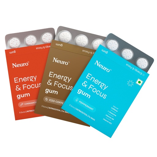[BRSRGAT7CUFG2GQ7] Neuro Energy & Focus Gum - Variety/Trial Pack | All 3 Flavours in one pack | Natural Caffeine + 60 mg L-Theanine + Vitamin B6 & B12 | 27 Gums | Peppermint, Iced Coffee and Cinnamon Flavour