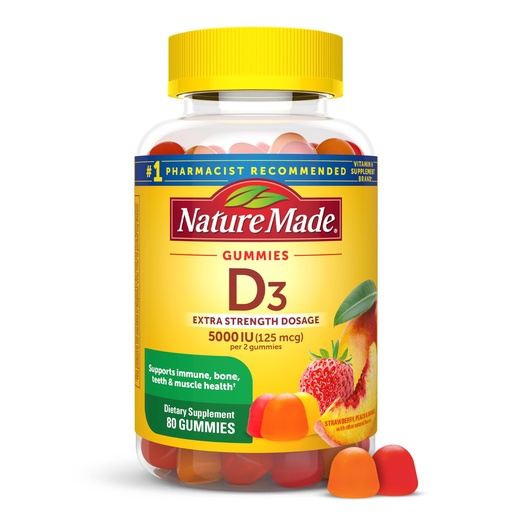 [BRSWGCQ7DIIA2CL6] Nature Made Vitamin D3 5000 IU Per Serving Gummies Extra Strength, Bone and Immune Health Support, 80 Vitamin D Gummies for Adults, 40 Day Supply