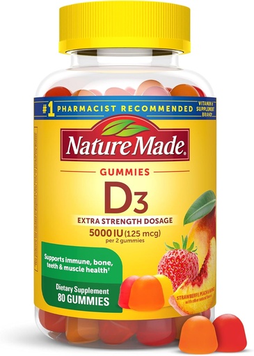 [BRSWGCQ7DIIA2CL6] Nature Made bitamina D3 5000 IU zerbitzatu bakoitzeko Gummies Extra Indarra, Hezurra eta Inmune Osasun Laguntza, 80 D bitamina D Gummies helduentzat, 40 eguneko hornidura