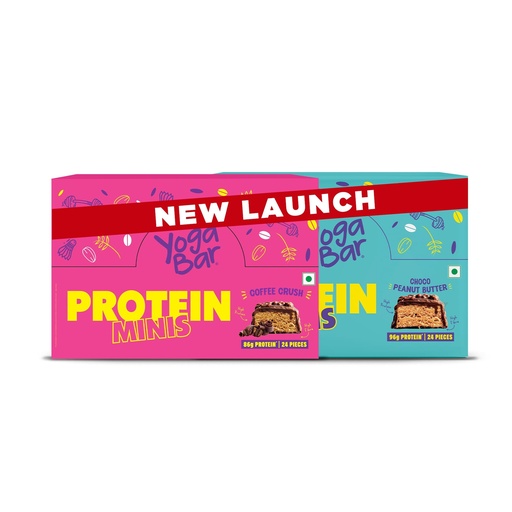 [BRSREGQNCR6GA33D] Yoga Bar Protein Minis Combo | Choco Peanut Butter + Coffee Crush | High Protein Snack Bars | 24 Pieces Each | 86g Protein per Pack | Healthy Snack | New Launch