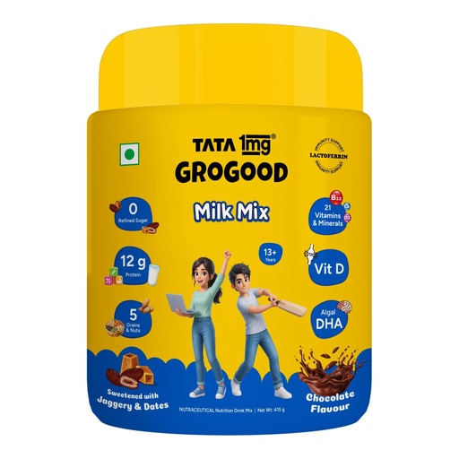 [BRSRYYIFOFYR4EI2] Tata 1mg Grogood Kids Nutrition Drink Mix| With Lactoferrin for Immunity, 12g Protein & Calcium | DHA, 21 Vitamins & Minerals | No Refined Sugar | Chocolate Flavor (13+ Years)