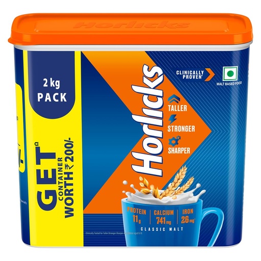 [BRSWKZDRBZ7GA2QZ] Horlicks Nutrition Drink Container - 2 Kg - Classic Malt - Clinically Proven to make kids Taller, Stronger, Sharper