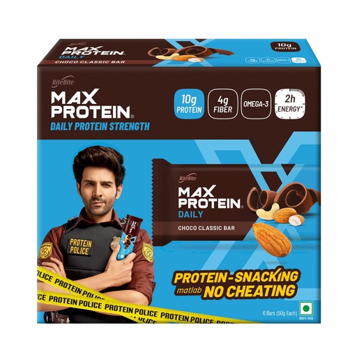 [BRSWIGQ3CYFGGCY5] RiteBite Max Protein Daily Choco Classic 10g Protein Bars [Pack of 6] Protein Blend, Fiber, Vitamins & Minerals, No Preservatives, 100% Veg, For Energy, Fitness & Immunity - 300g