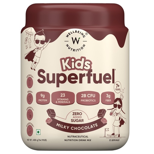 [BRSRGYY2CEFAYHTA] Wellbeing Nutrition Kids Superfuel 7+years |Zero Added Sugar |9g Milk Protein Isolate, 23 Vitamins & Minerals, 100mg DHA, 3g Fiber, Probiotics |Height Growth, Immunity & Brain| Chocolate, Nutrition Drink Powder, 400g