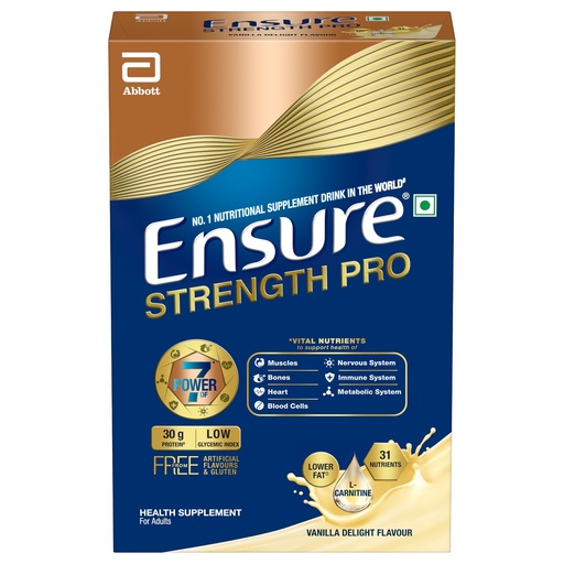 [BRSRGBQ5DEDWMHI3] Ensure Strength Pro | High Protein Nutritional Drink for Adults | Vanilla Delight (400g) | 30g Protein, Low GI, Gluten Free | L-Carnitine| No Artificial Flavors | Scientifically formulated with Power of 7- Muscles, Bones, Heart, Immune System, Metabolic System, Nervous system, Blood Cells health