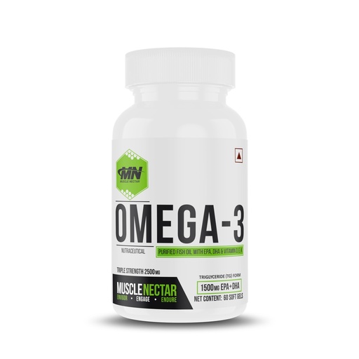 [BRSRGZIKDIMWAFYZ] Muscle Nectar Omega 3 Fish Oil Triple Strength 2500mg - Molecularly Distilled (1500mg EPA/DHA) (Triglyceride (TG) Form - 60 Softgels)