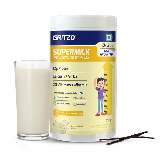 [BRSRGZD4O4AQME37] Gritzo SuperMilk Growth+ Unsweetened (10-12y Girl), Creamy Vanilla, 400g