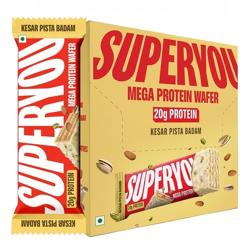 [BRSRYEL5B4NGGADB] Superyou Kesar Pista Mega Protein Wafer Bar (Pack of 6) 20G Protein, 4.8g Fibre, No Added Sugar | Yeast Fermented |Energy Bars|Crunchy Wafer Bar|100% Vegetarian|No Palm Oil | 360g