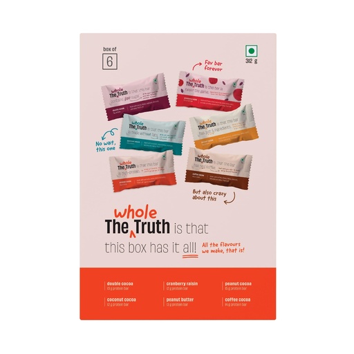 [BRSWYGIRCUCW2FY3] The Whole Truth - Protein Bars | All-in-One | Pack of 6 x 52 g each | No Preservatives | No Artificial Sweeteners | No Gluten or Soy | All Natural Ingredients | Six Different Flavours
