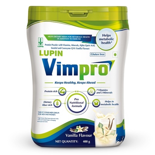[BRSRAFQYOQAWYHYV] Lupin Vimpro Nutritional Vanilla Protein Powder, Supports Muscle Strength & Growth, Helps in Heart and Brain Health, Helps in Recovery, No Gluten, Protein Supplement with CoQ10, ALA, Inositol & FOS, With Vitamin Minerals & Protein, 400g