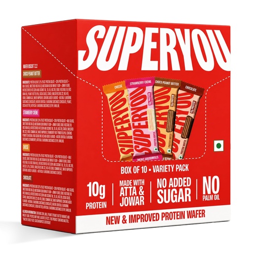 [BRSRAHY5OYPRG3Y2] SuperYou Assorted Protein Wafer Bars (Pack of 10)|10g Protein, 3g Fiber, No Added Sugar|Yeast Fermented Protein|Energy Bars|Crunchy Wafer Bar|100% Vegetarian|No Palm Oil|400g