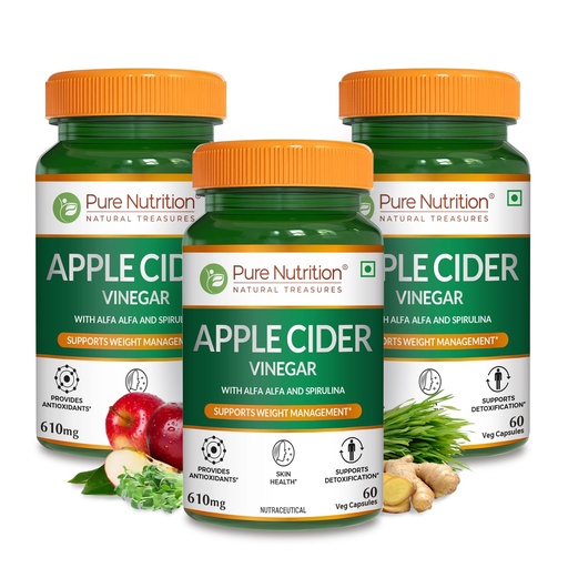 [BRSW2FT5OEIBQ23Z] Pure Nutrition ACV Apple Cider Vinegar Tablets | Control Craving | ACV for Weight Loss & Detox with Wheat Grass & Spirulina for Enhanced Wellness | Rich in Antioxidants | Supports Weight Management, Detoxification & Immunity - 60 Veg Capsules (Pack of 3)