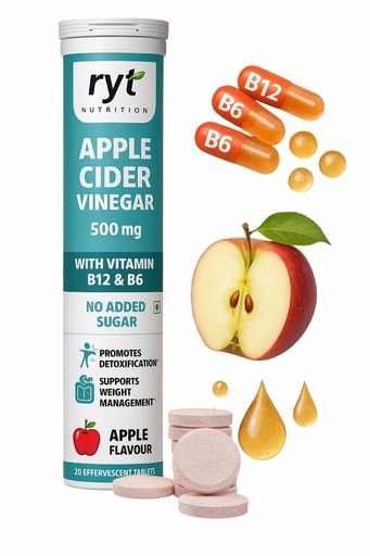 [BRSRAAIDBMHBQF3P] Apple Cider Vinegar Effervescent (500mg) - 20 Tablets (Apple Flavour), With Vitamin B12 & B6 | For Weight Management & Gut Health | No added Sugar | Easy to Carry & Consume