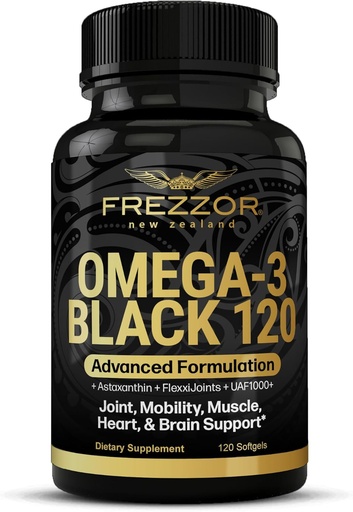 [BRSROFT4CEHB4CAY] FREZZOR Omega 3 Negro - Green Lipped Mussel Oil Capsules, Hecho en Nueva Zelanda, UAF1000+, No Fishy Aftertaste, 120 Cuenta (Pack of 1)
